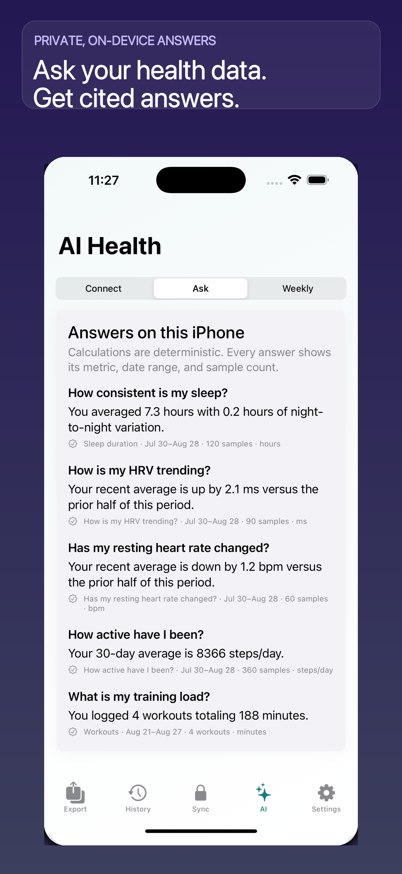 Health Data on iPhone: on-device answers about sleep, HRV, heart rate and activity, with dates and sample counts