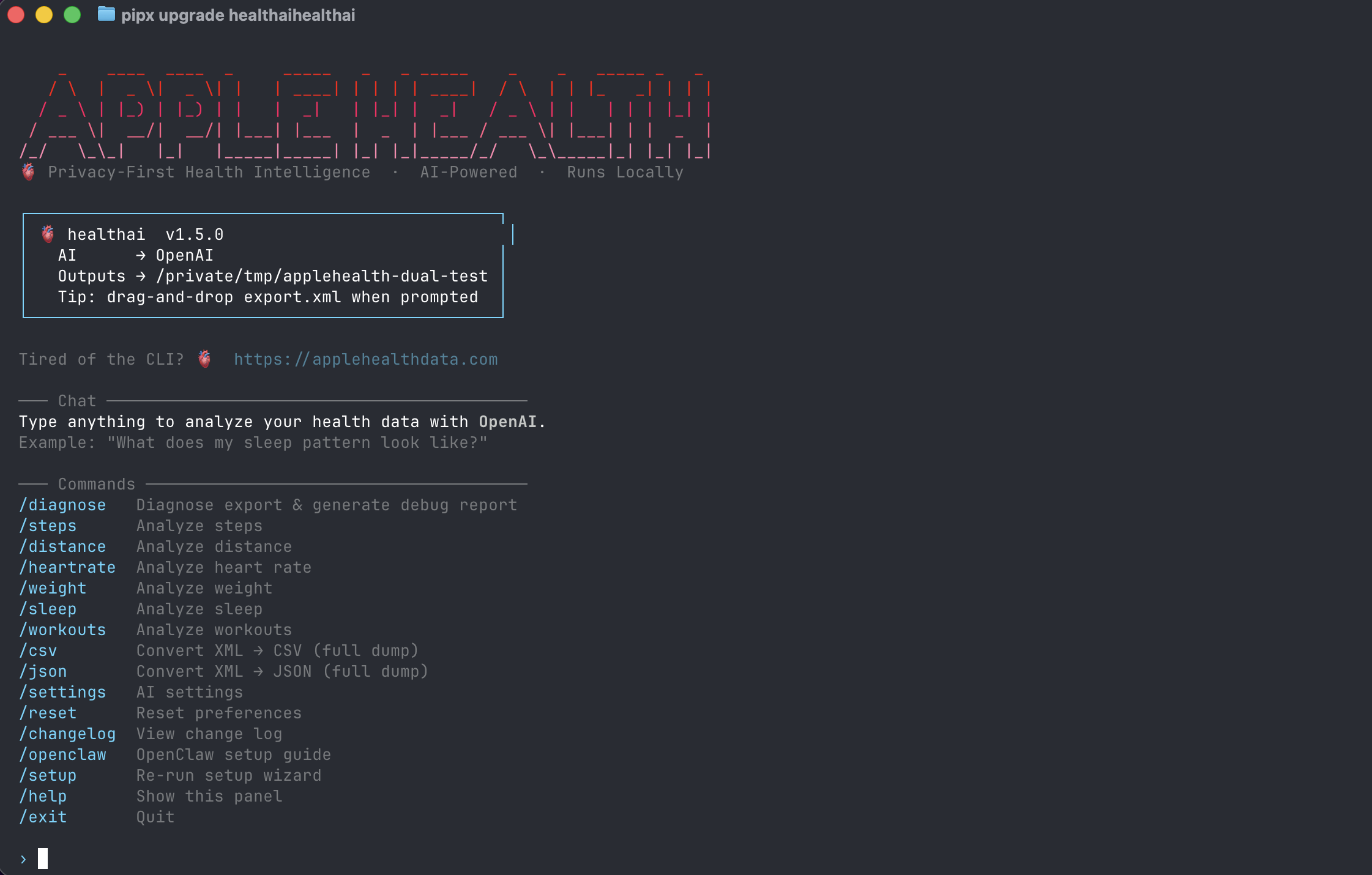 healthai CLI welcome screen with slash commands