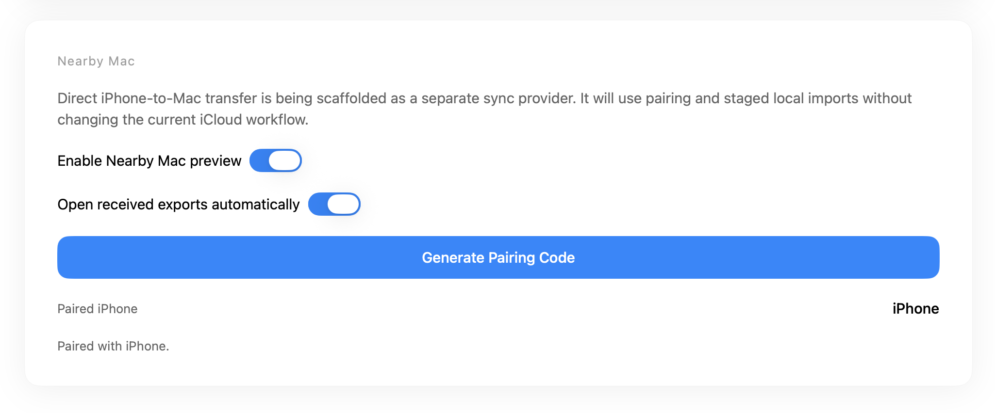 Mac app Nearby Mac sync settings showing pairing, toggle options, and paired iPhone